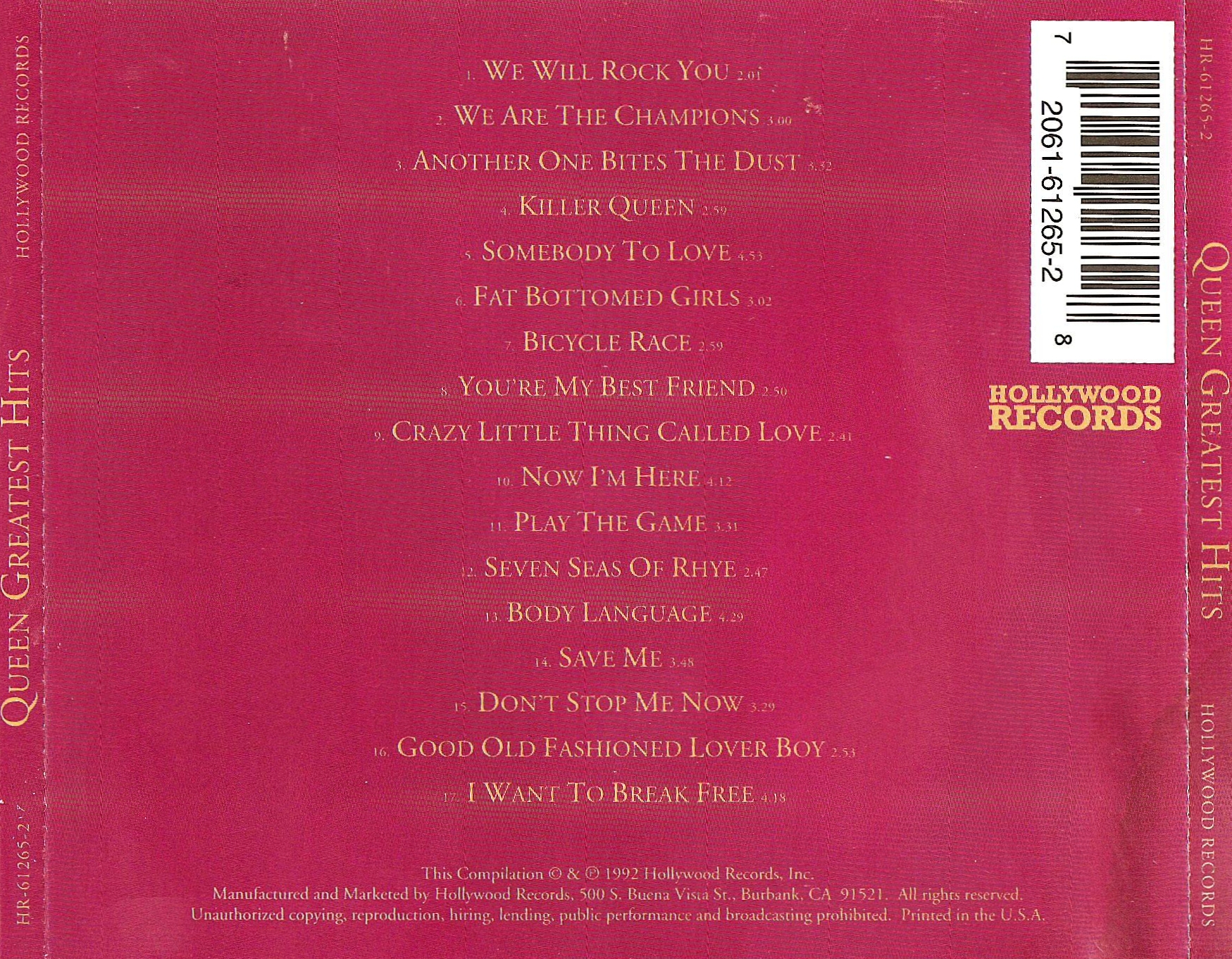 Queen  Greatest Hits 92 back 