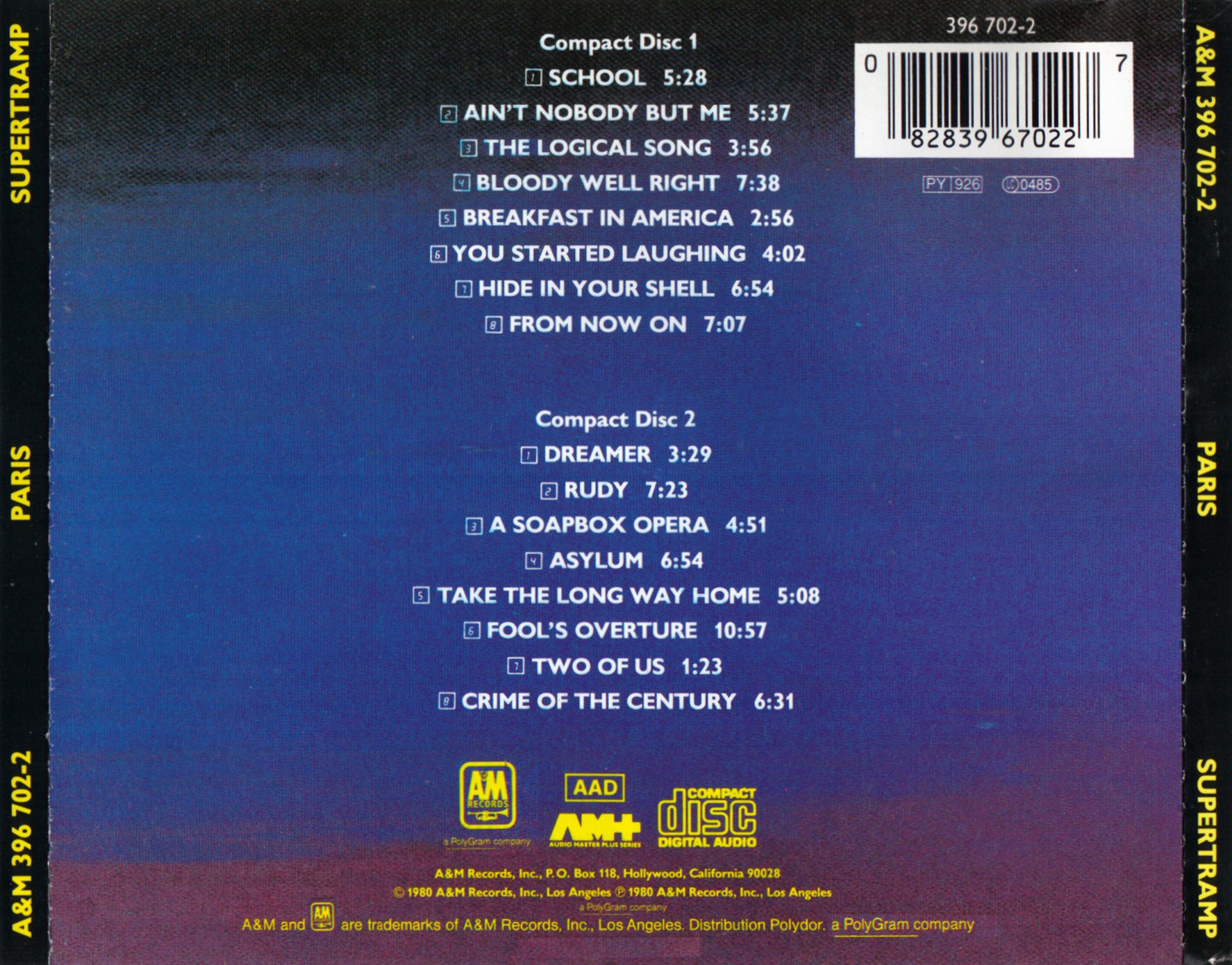 Supertramp  Paris Live back 