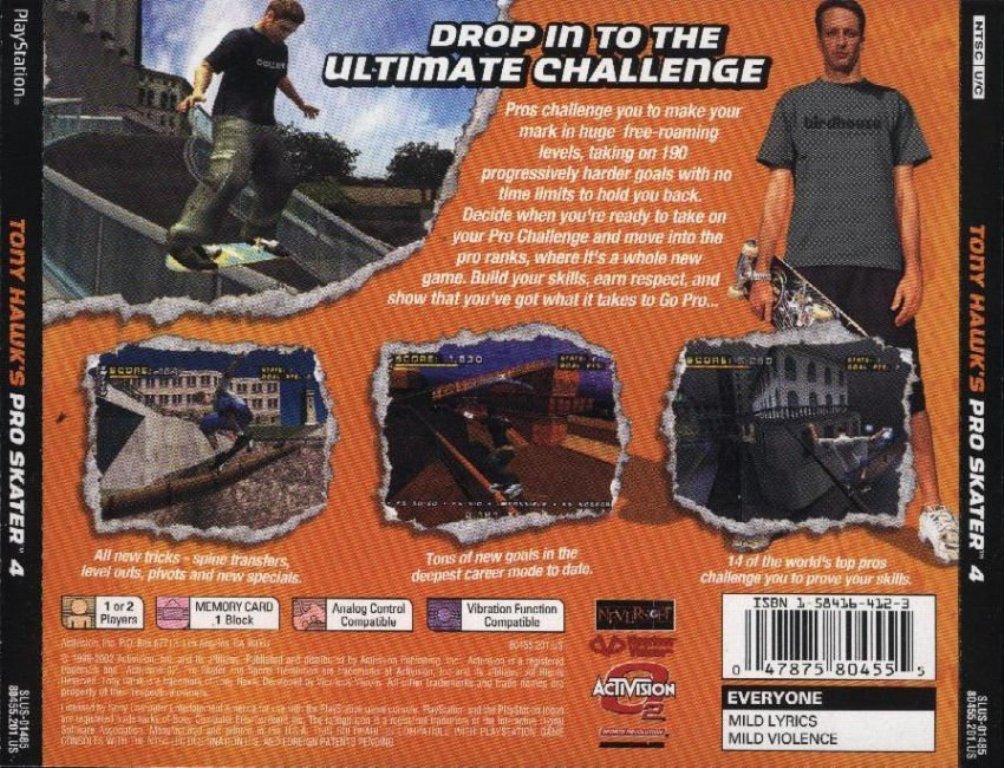 Tony Hawks Pro Skater 4 NTSC PSX BACK Playstation Covers Cover Century Over 1.000.000